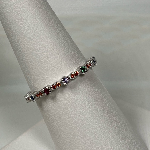 Rhodium Plated Solid Sterling Silver Multicolored CZ Stacking Ring Size 7.75 - Picture 3 of 8
